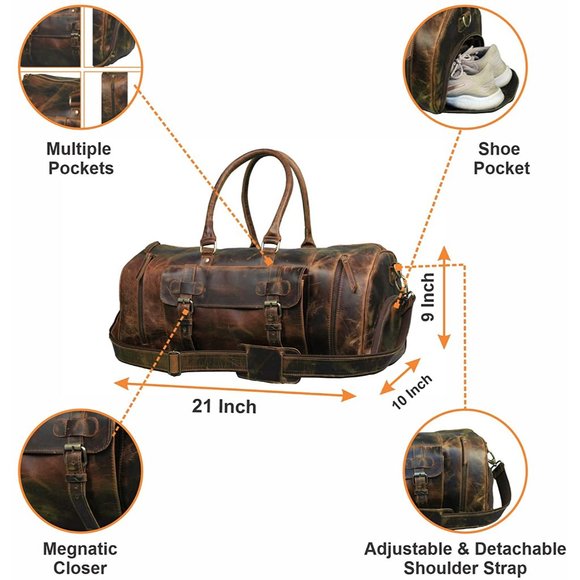 Full Grain Buffalo Leather Duffle Bag - Travel Bag - Overnight Weekender Bag - Picture 7 of 7